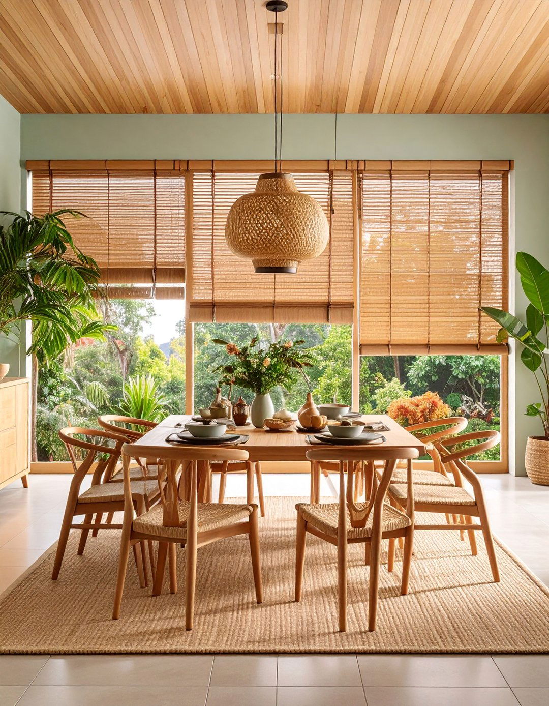 Woven Wood Shades with Natural Bamboo Texture - 25 Dining Room Window Treatments