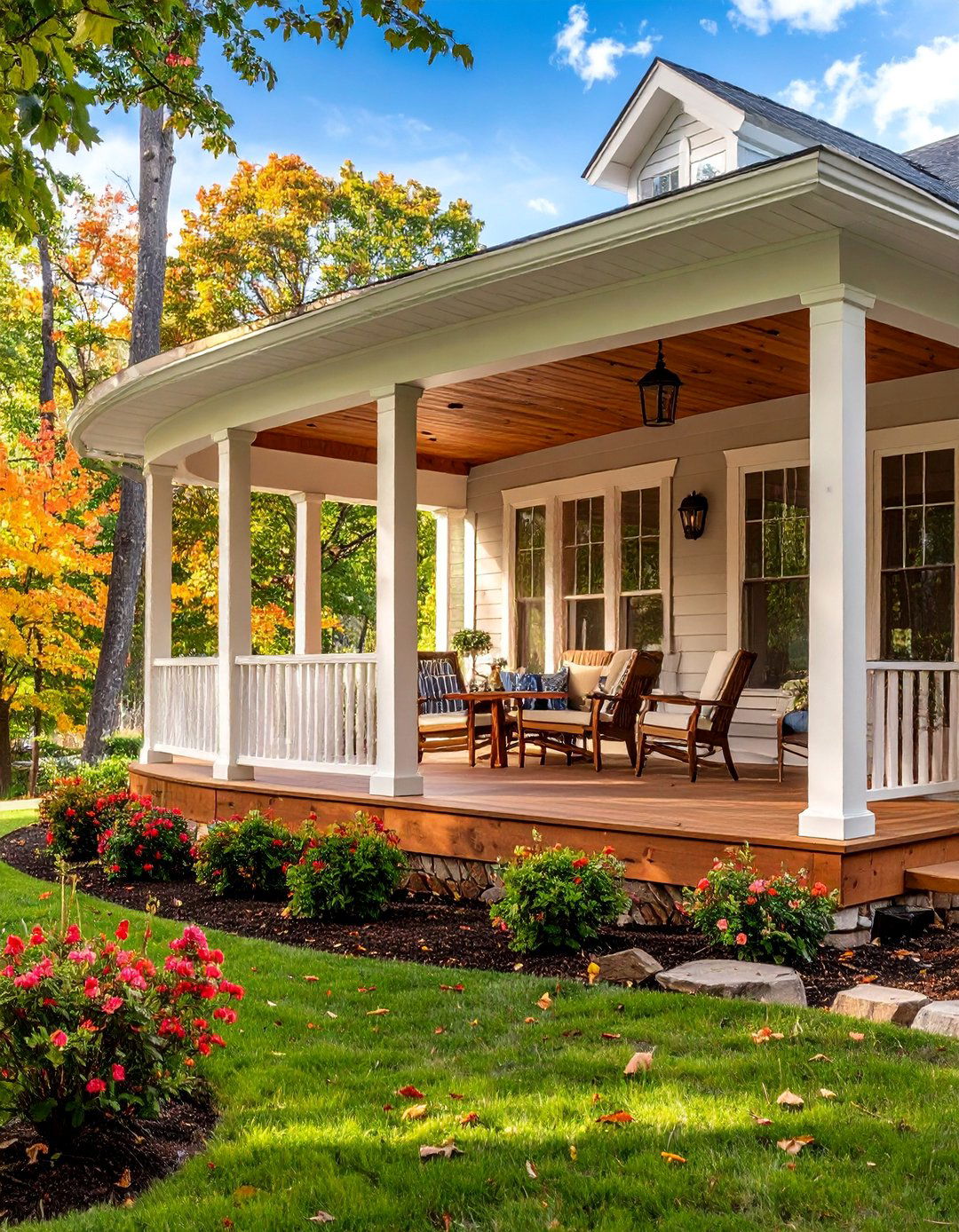 Wrap Around Porch with Natural Wood - 25 Raised Ranch Front Porch Ideas