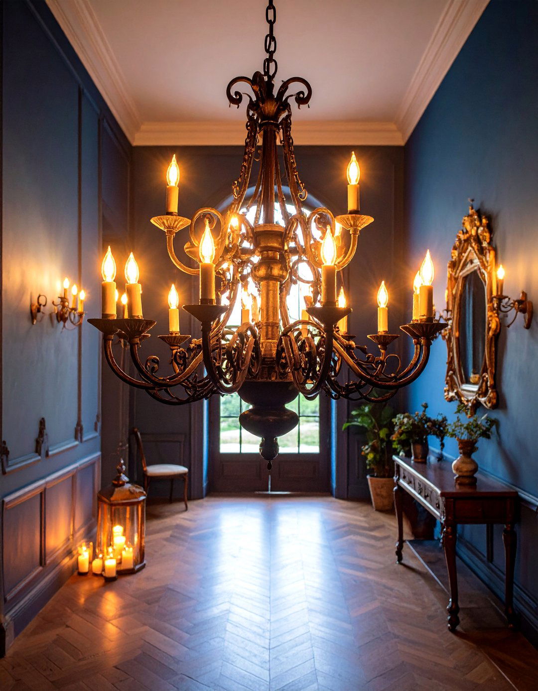 Wrought Iron Chandelier with Candle Style Lights - 25 Entryway Lighting Ideas