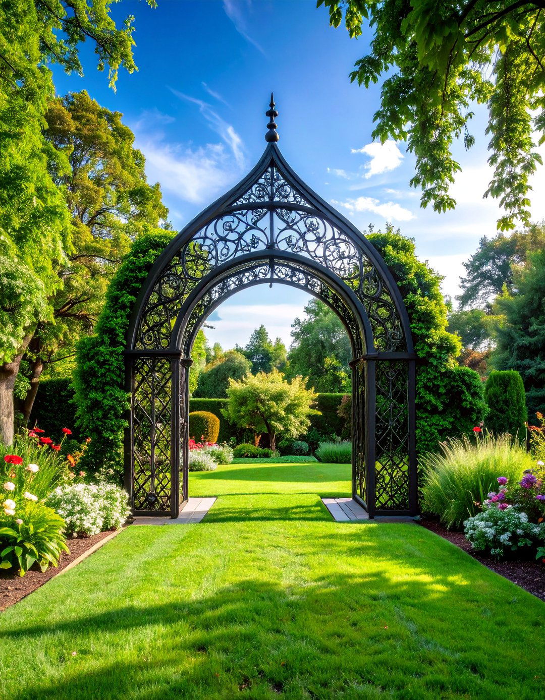 Wrought Iron Gothic Arch with Ornate Details - 25 Garden Arch Ideas