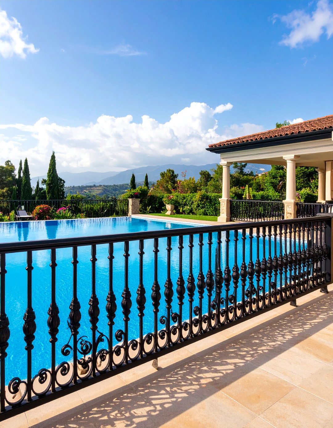 Wrought Iron Pool Deck Railing with Decorative Scrollwork - 25 Pool Deck Railing Ideas