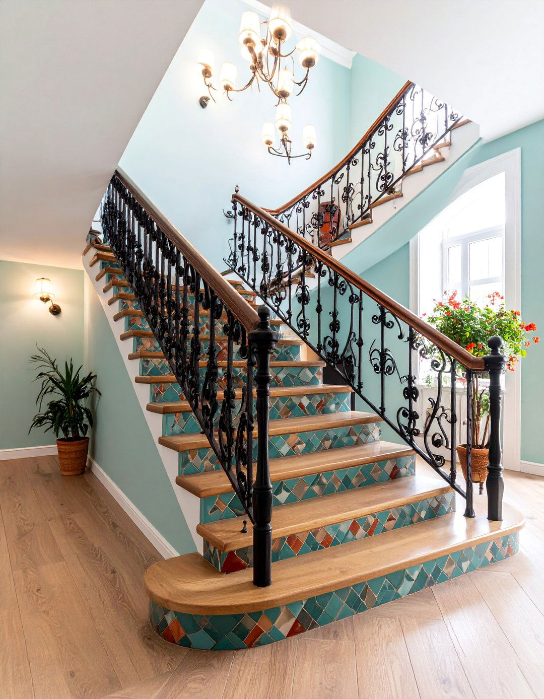 Wrought Iron Staircase with Geometric Tile Risers - 25 Southwest Interior Design Ideas