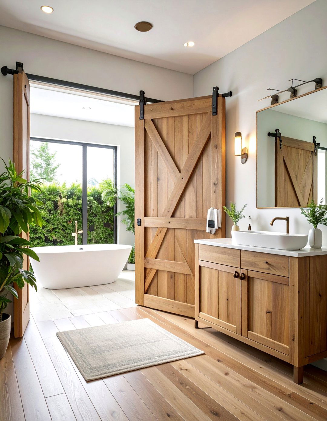 X Pattern Barn Door with Oil Rubbed Bronze Hardware - 25 Bathroom Barn Door Ideas