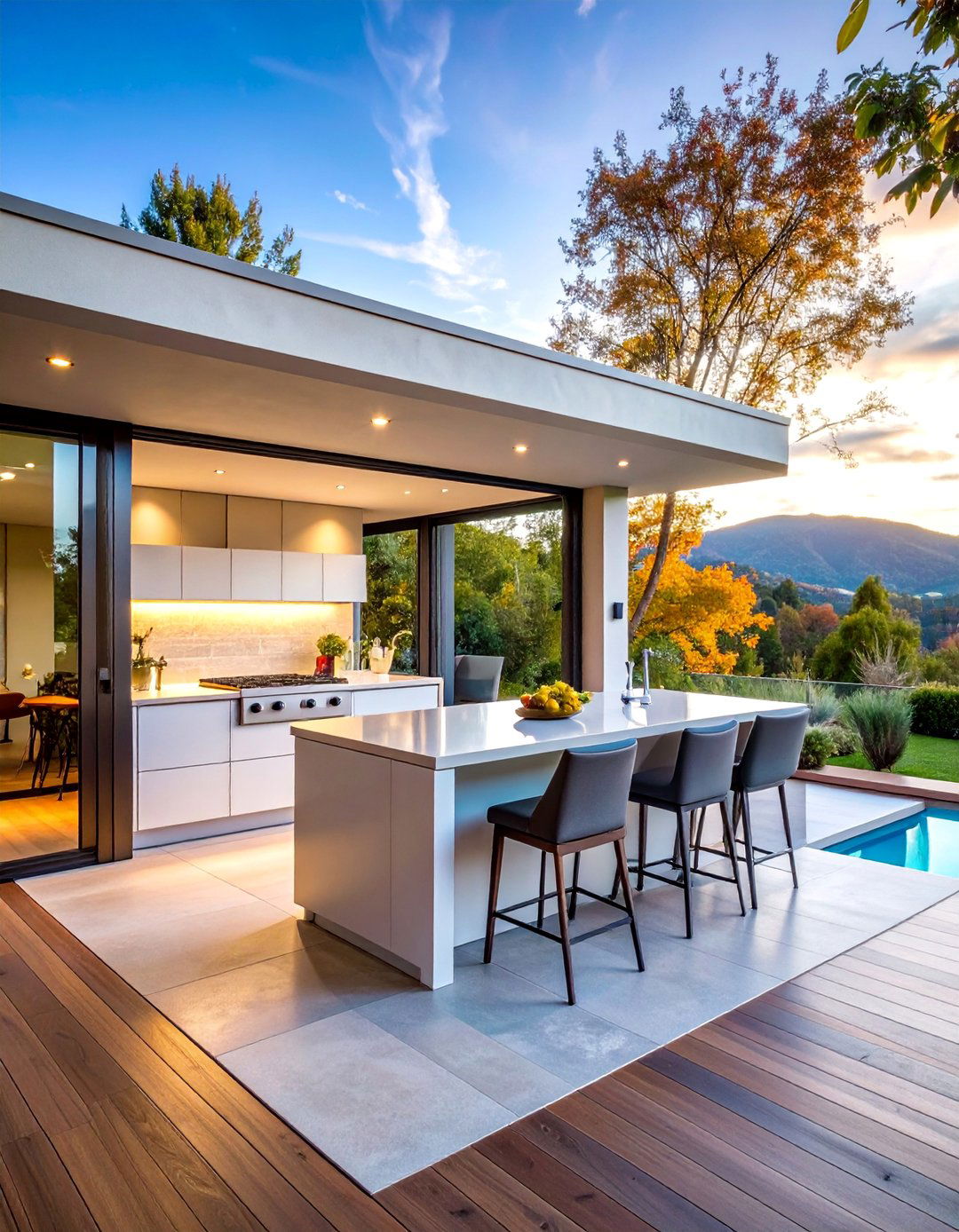 Year Round Stucco Outdoor Kitchen with Retractable Glass Walls - 25 Stucco Outdoor Kitchen Ideas