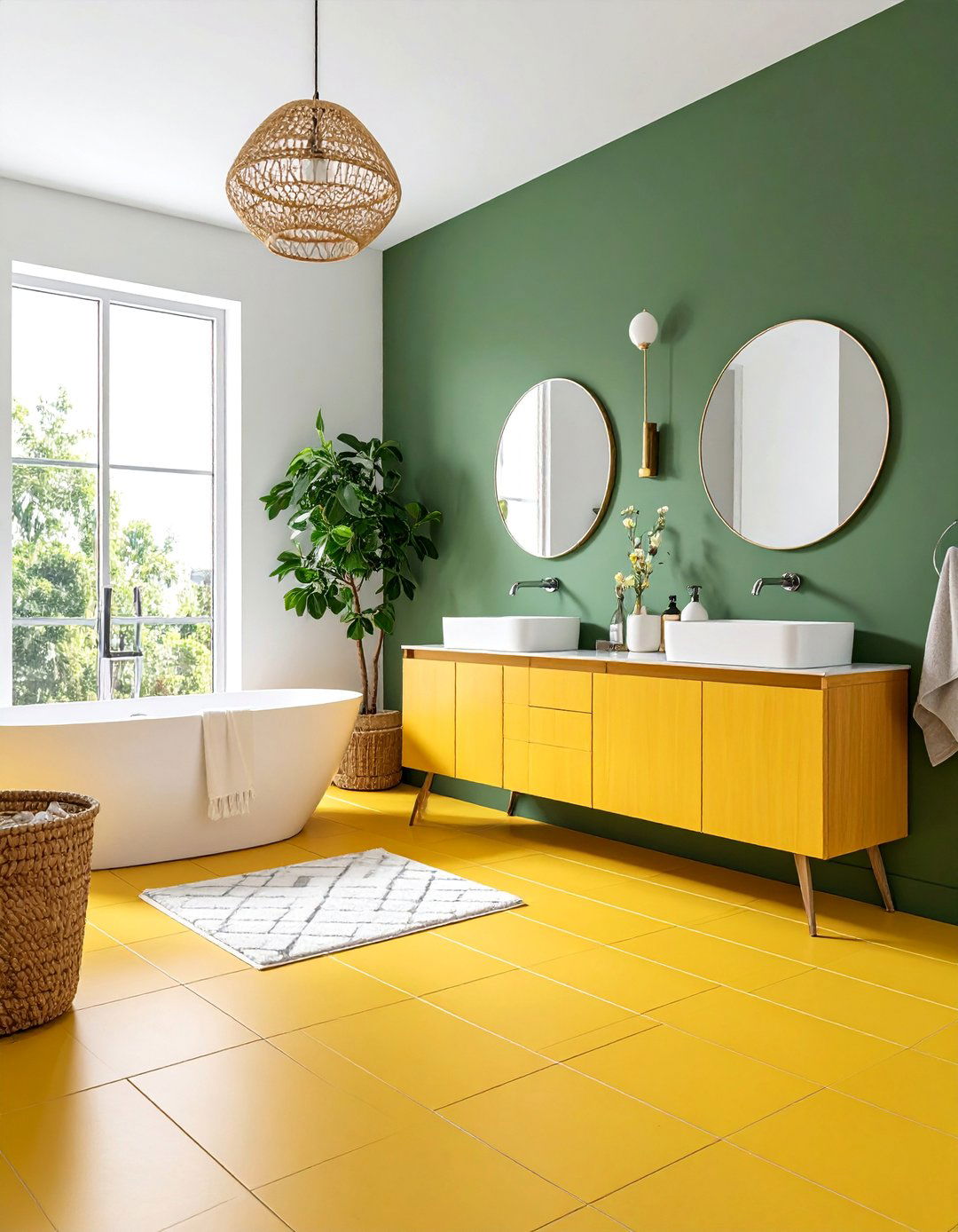 Yellow Geometric Floor Tiles with Sage Green Walls - 25 Yellow and Green Bathroom Ideas