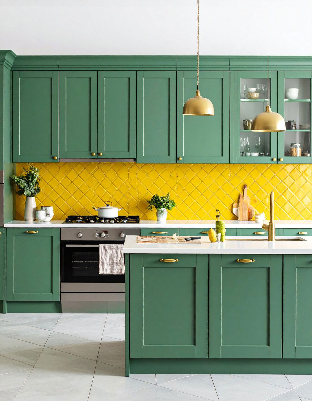 Yellow Mosaic Tile Backsplash with Emerald Green Cabinets - 25 Green and Yellow Kitchen Ideas