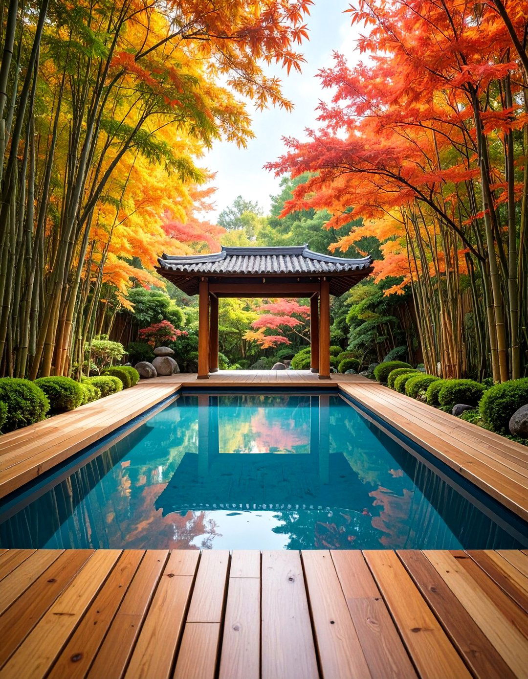 Zen Asian Inspired Retreat with Bamboo Elements - 25 Pool Landscaping Ideas