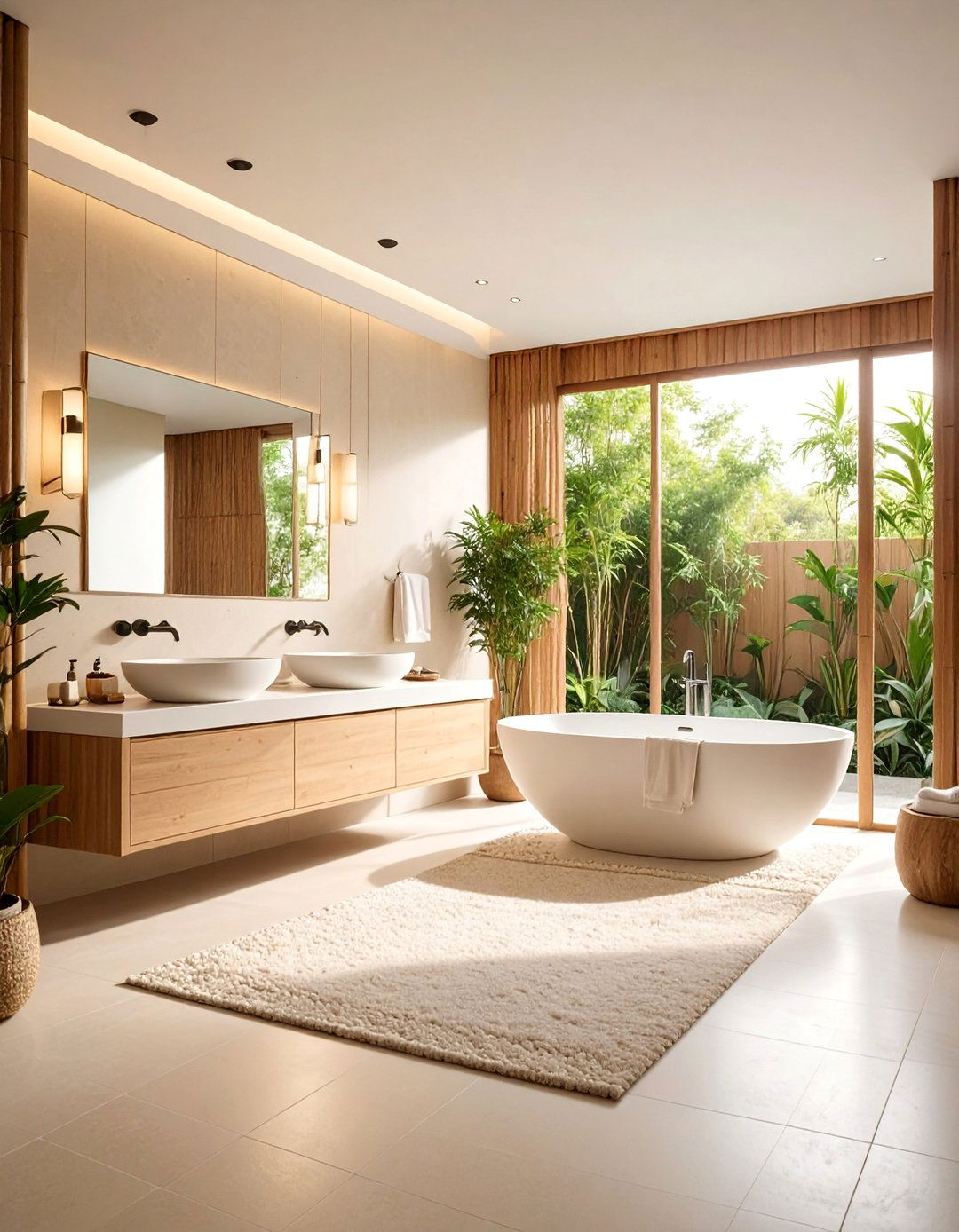 Zen Bathroom with Beige Bamboo and White Minimalist Features - 25 Beige and White Bathroom Ideas