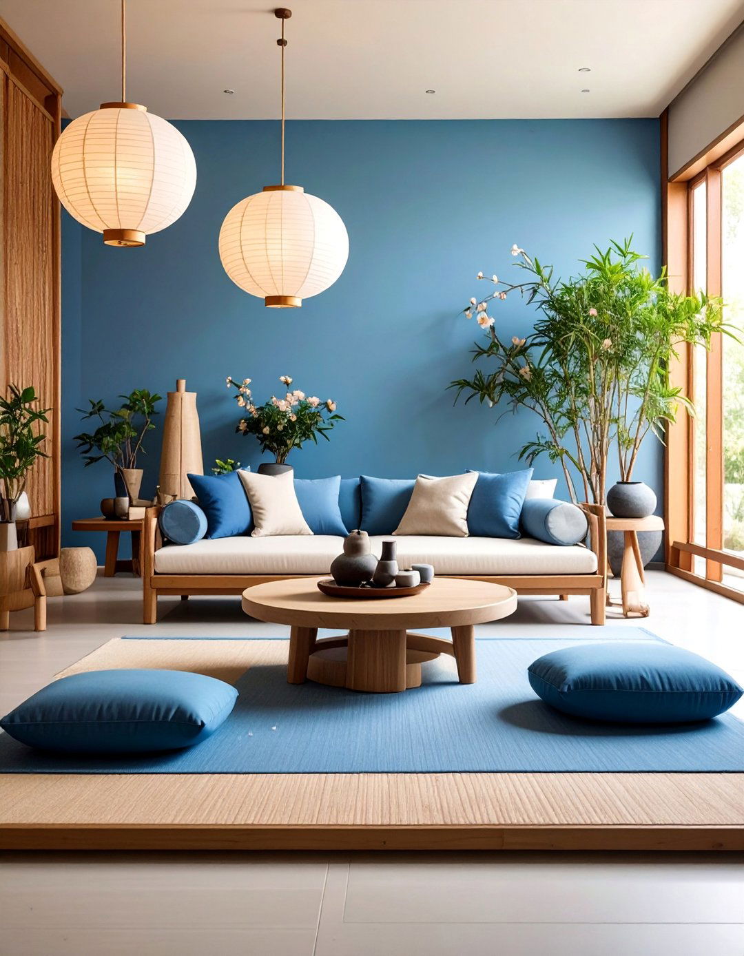 Zen Blue and Beige Meditation Space - 25 blue and beige living room ideas