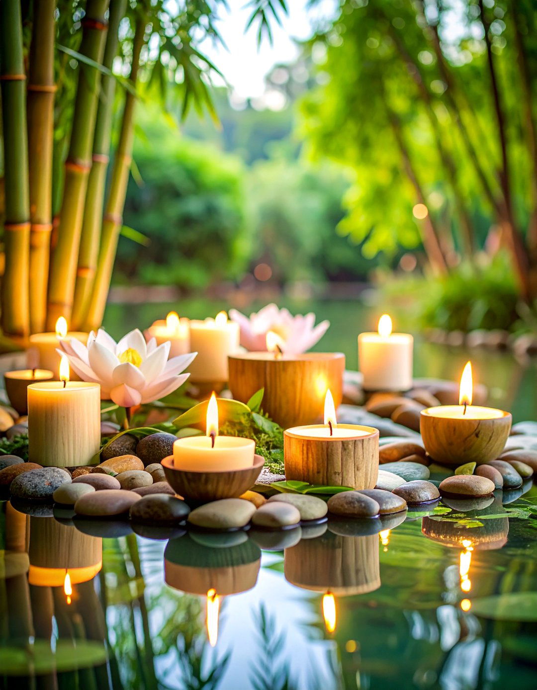 Zen Floating Centerpiece with Bamboo and River Rocks - 25 Floating Wedding Centerpiece Ideas