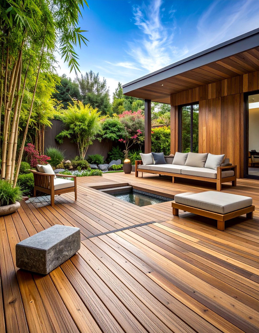 Zen Garden Deck with Water Features and Natural Materials - 25 Backyard Deck Ideas