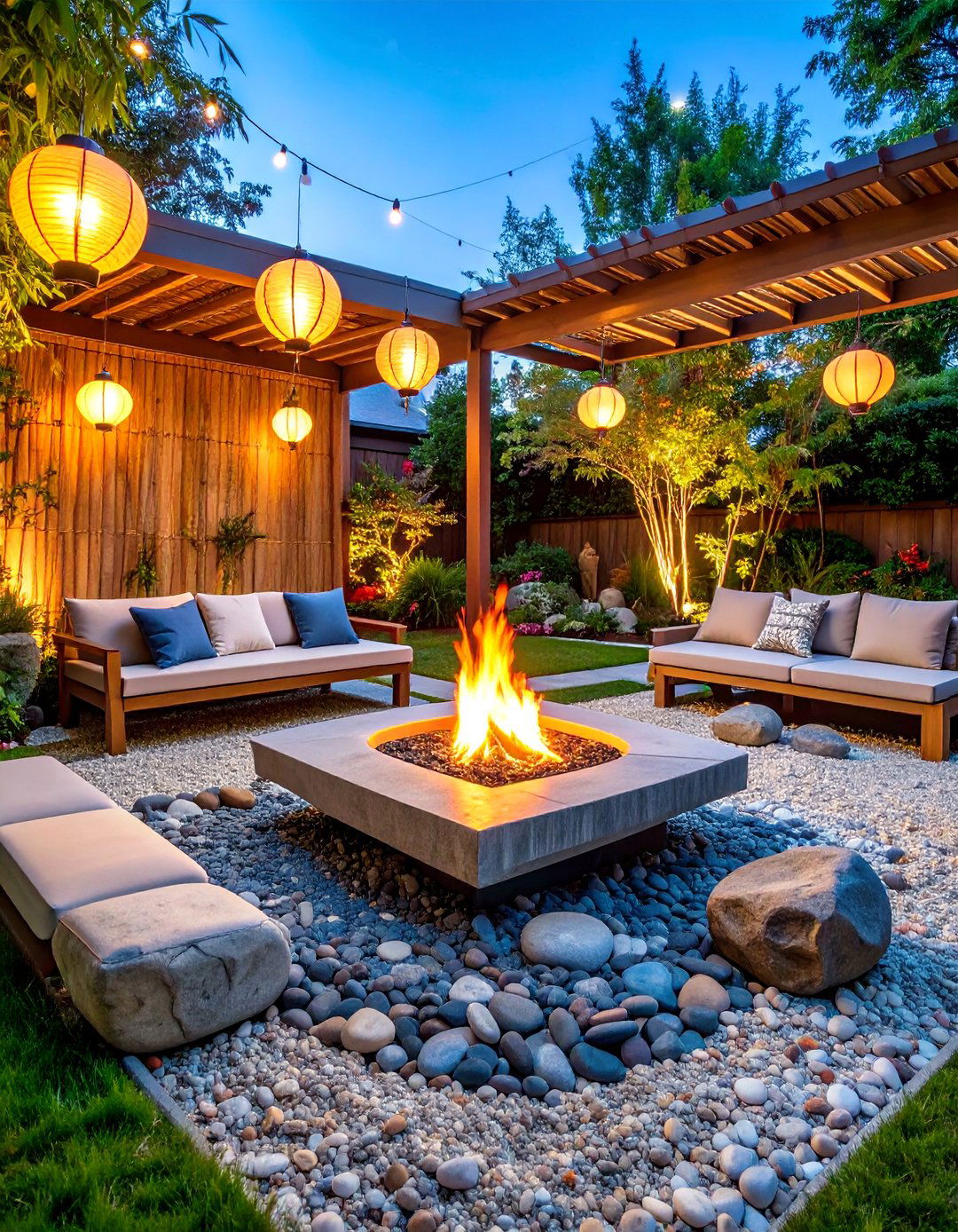Zen Garden Fire Pit with Bamboo Accents and Natural Stone - 25 Sunken Fire Pit Ideas