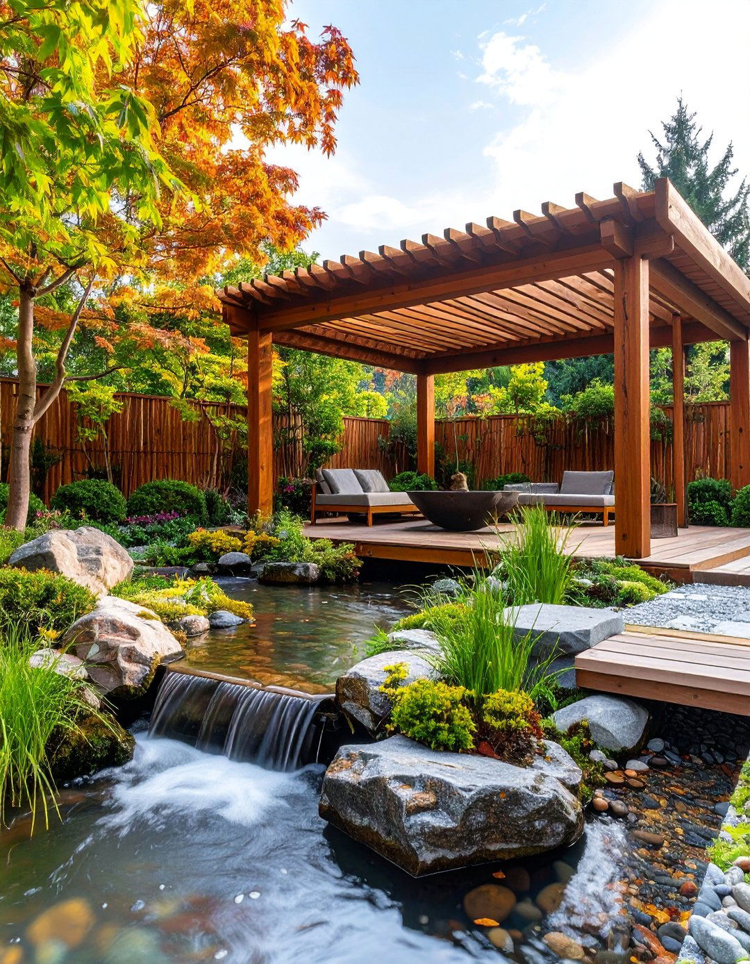 Zen Garden Pergola with Water Feature Integration - 25 Patio Pergola Ideas