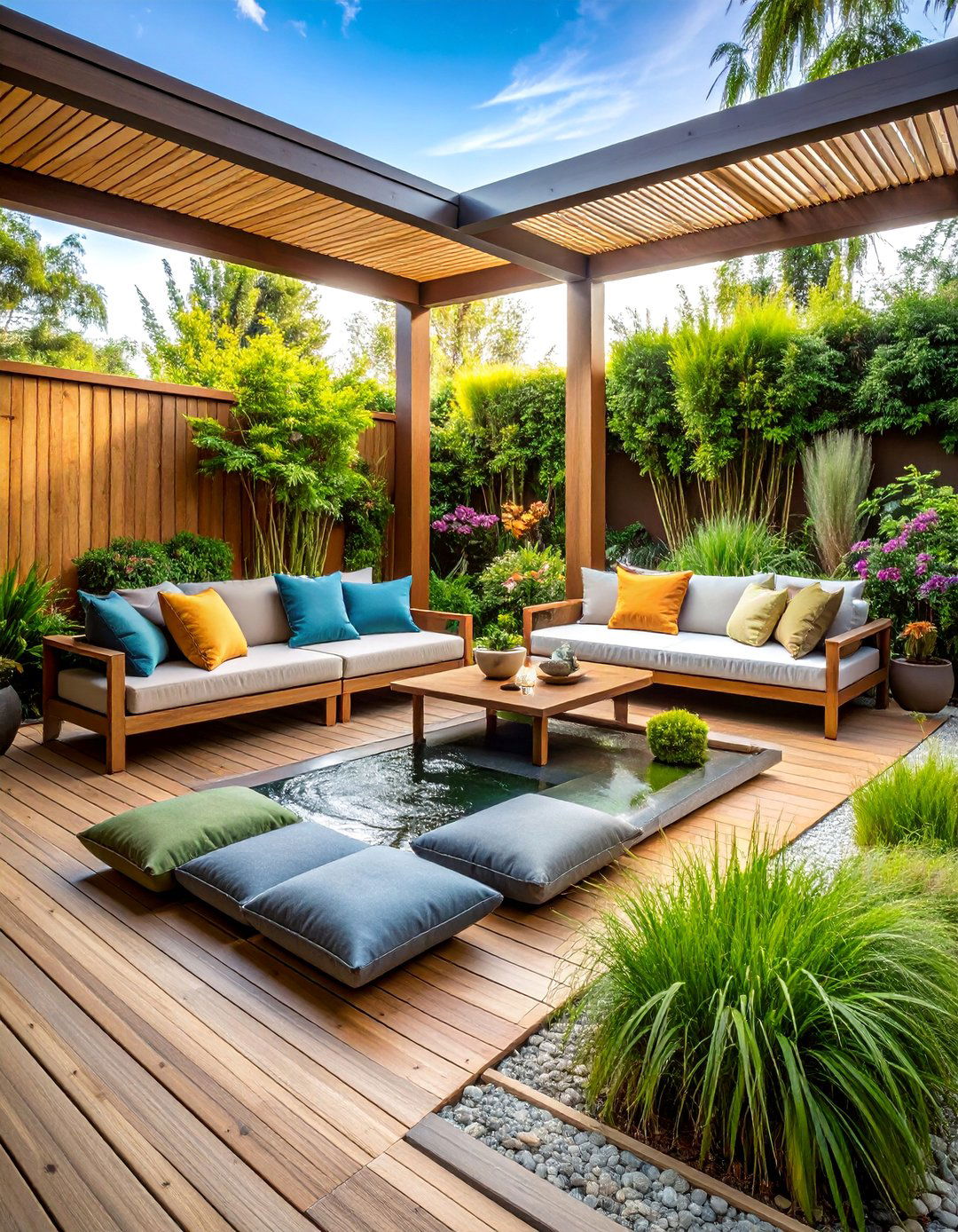 Zen Garden Screened Deck with Water Features - 25 Screened-in Deck Ideas