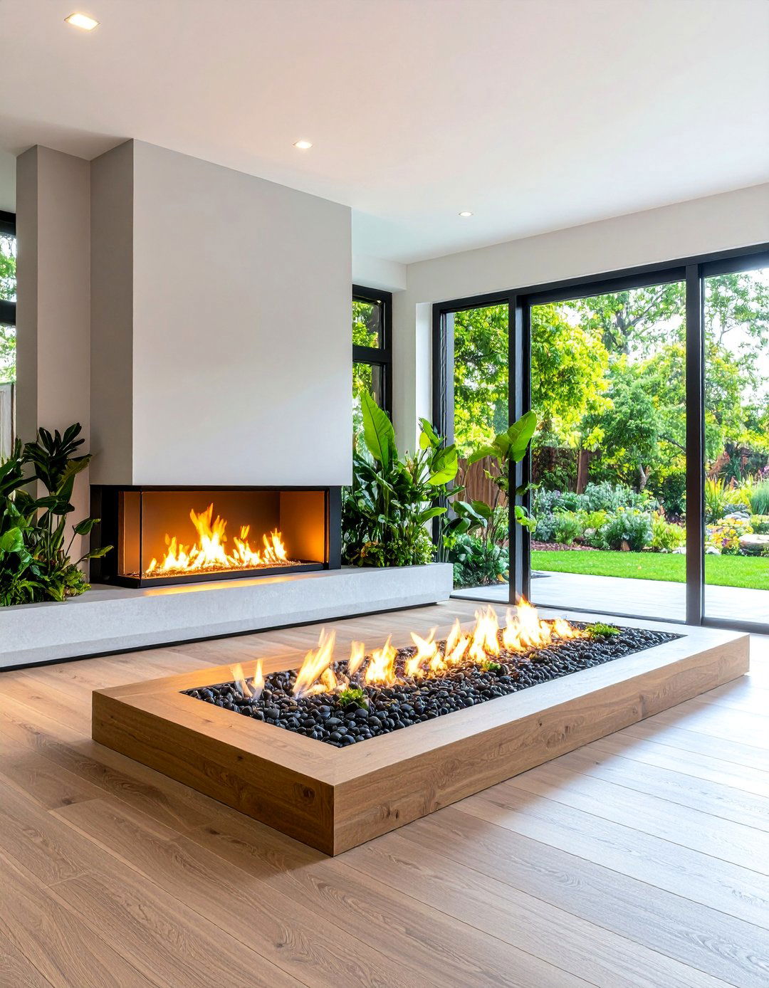 Zen Garden Three Sided Fireplace with Integrated Landscaping - 25 3 Sided Fireplace Ideas