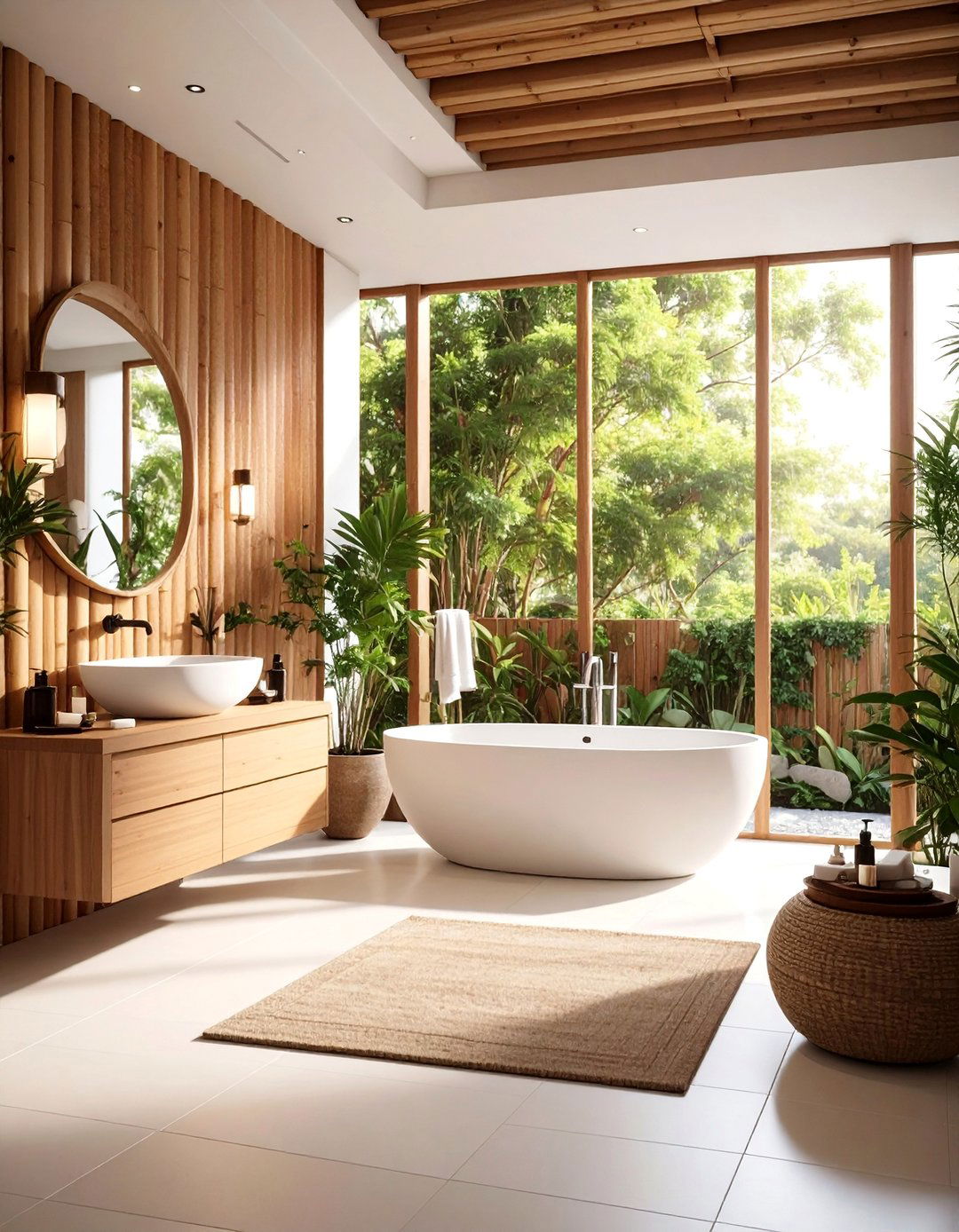 Zen Inspired Brown Bamboo with White Stone - 25 Brown and White Bathroom Ideas