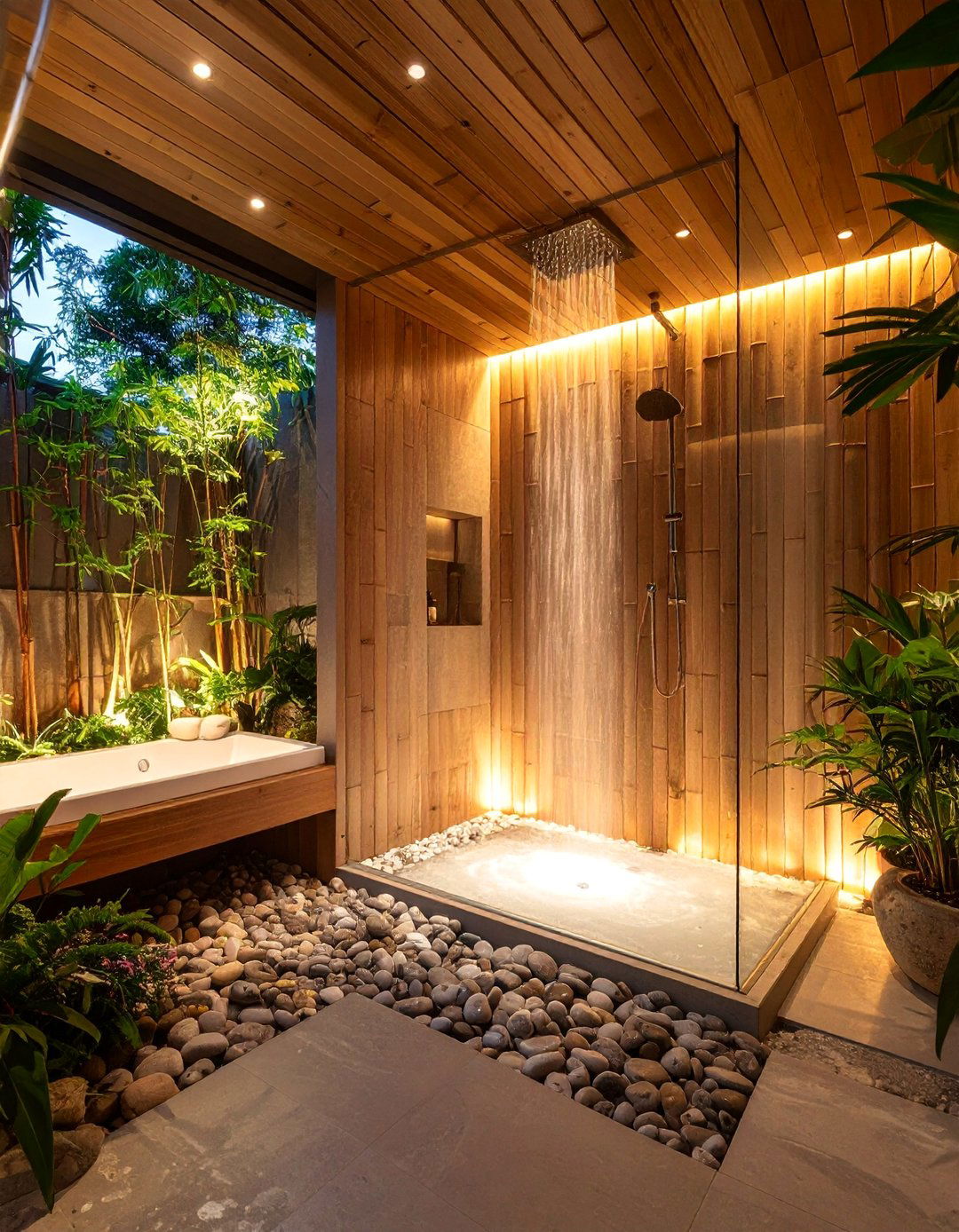 Zen Inspired Corner Shower with Bamboo and River Rock - 25 Corner Shower Ideas