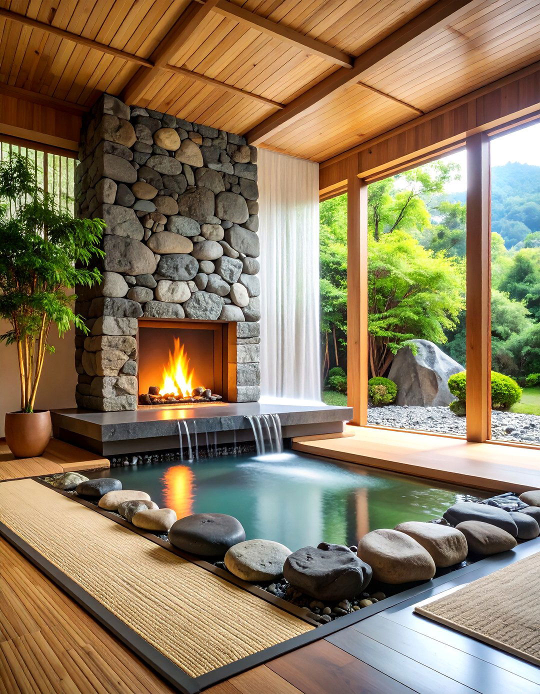 Zen Inspired Faux Stone Fireplace with Waterfall Feature - 25 Faux Stone Fireplace Ideas