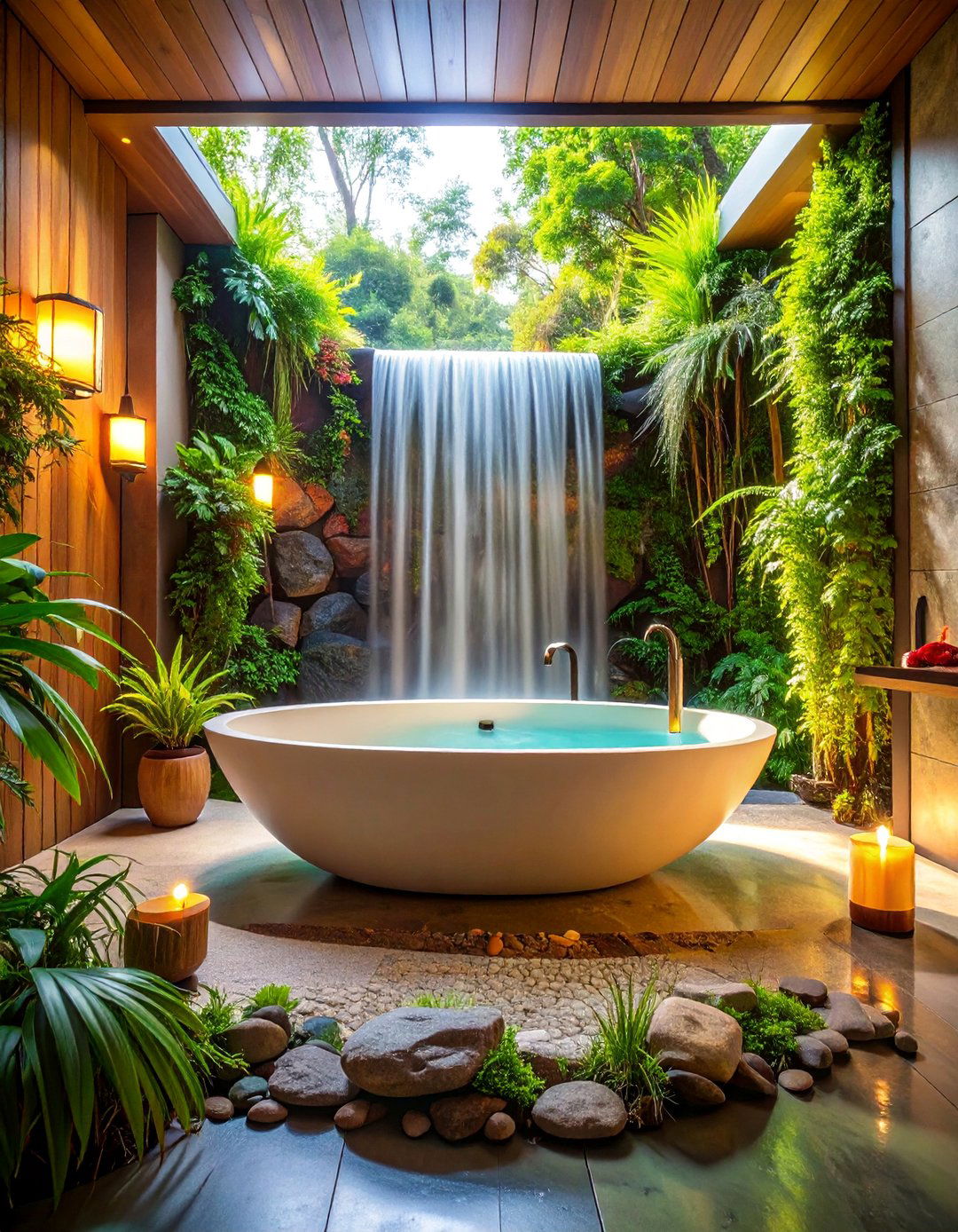 Zen Inspired Soaking Tub with Waterfall Feature - 25 Elegant Bathroom Decor Ideas