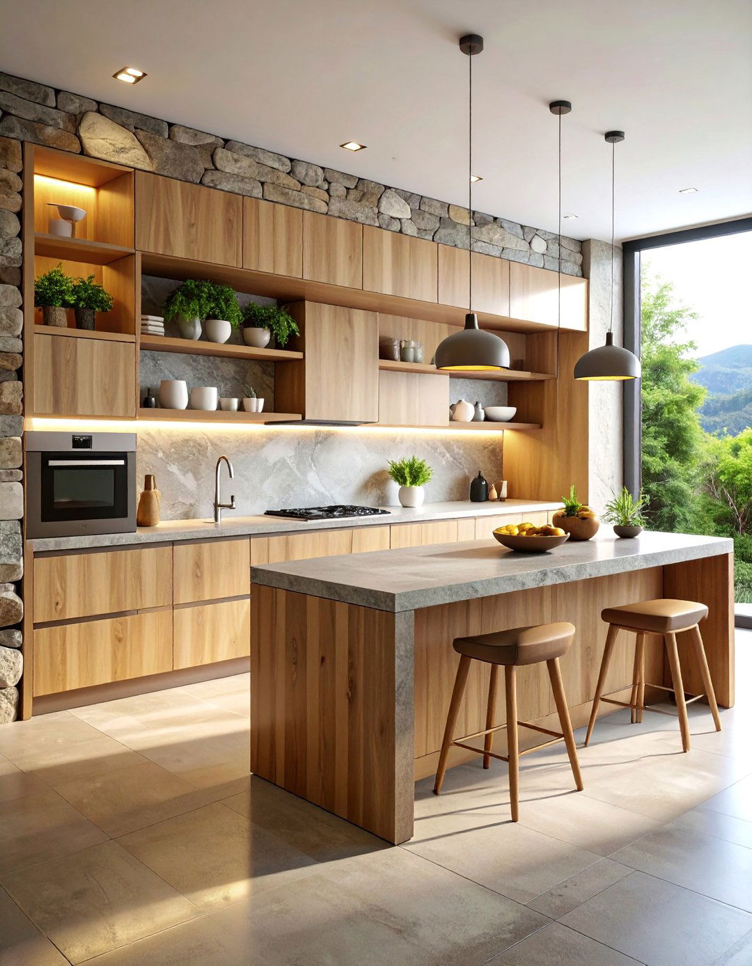 Zen Kitchen with Natural Stone Wall Storage - 25 Kitchens Without Upper Cabinets