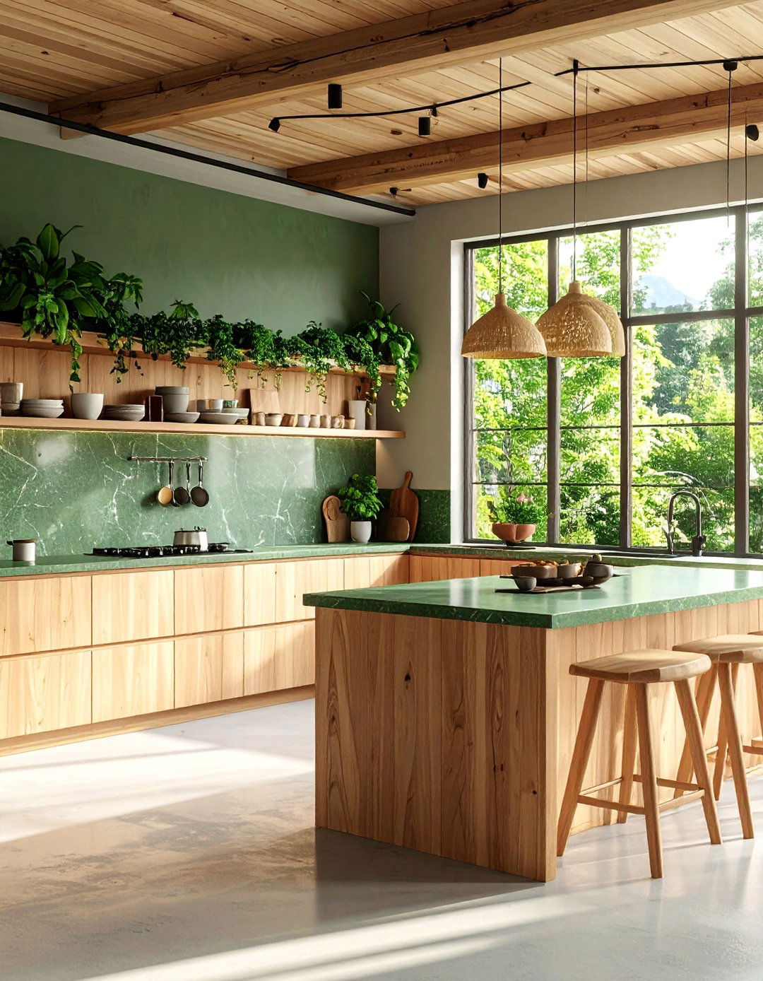 Zen Kitchen with Sage Green Bamboo Countertops - 25 Kitchen With Green Countertops Ideas