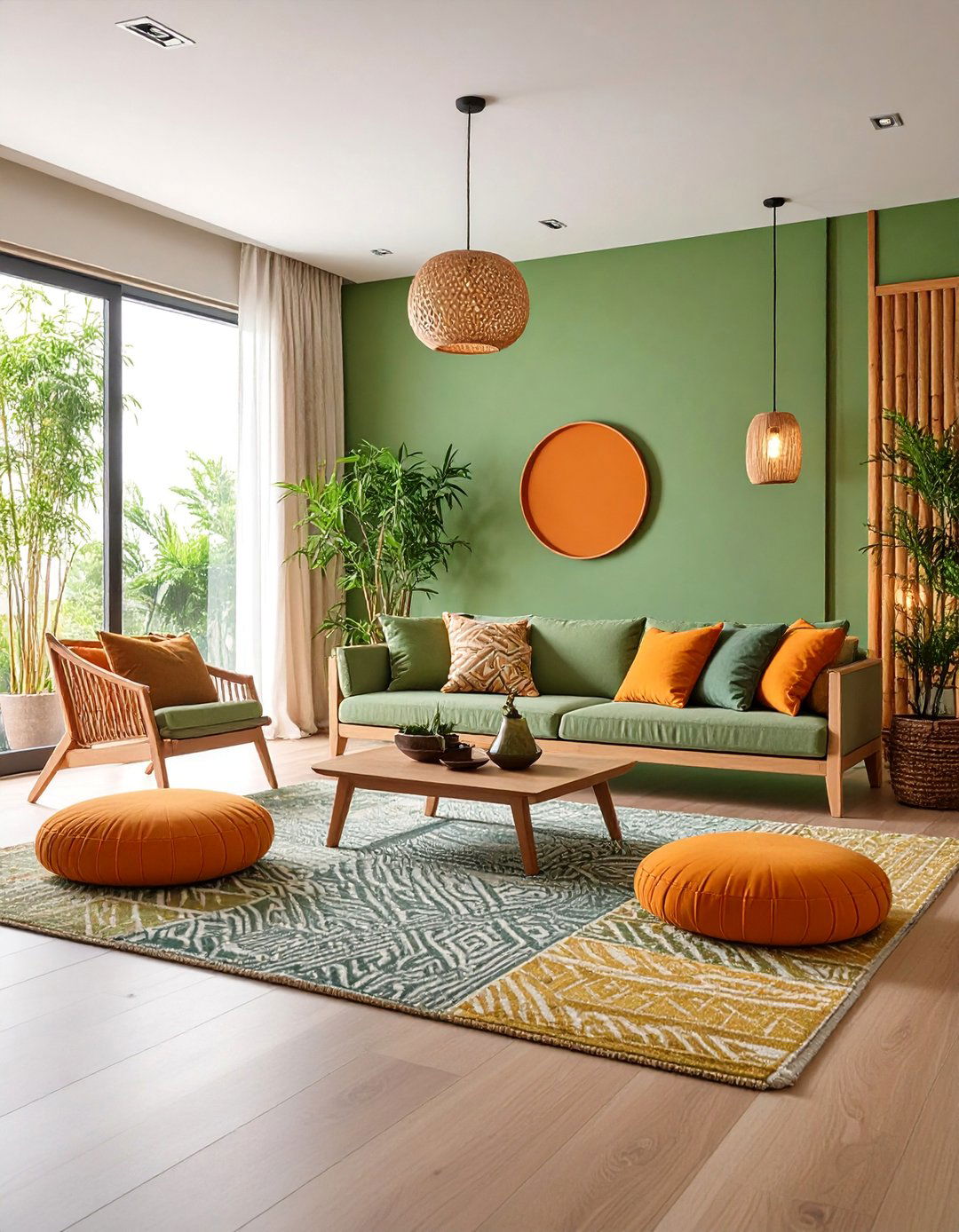 Zen Living Room with Bamboo Green and Meditation Orange - 25 Green and Orange Living Room Ideas