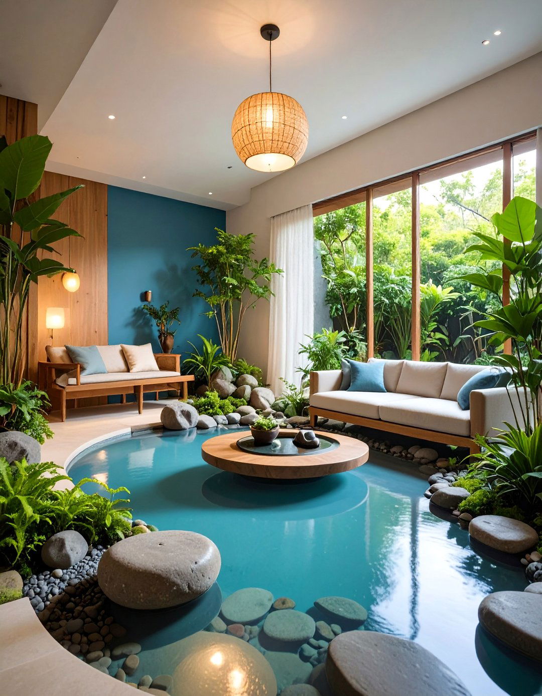 Zen Living Room with Indoor Water Feature - 25 Zen Living Room Ideas