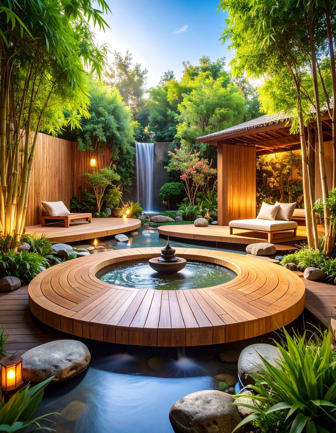 Zen Meditation Floating Deck with Water Features - 25 Floating Deck Ideas