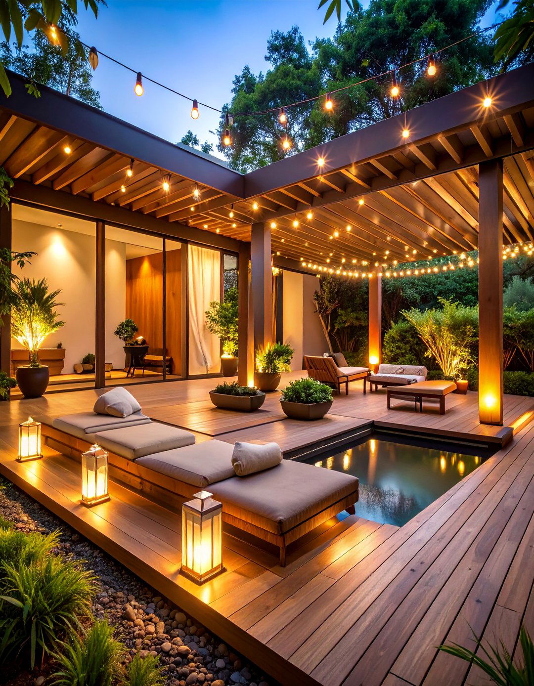 Zen Meditation Patio with Soft Ambient String Lighting - 25 Patio String Light Ideas