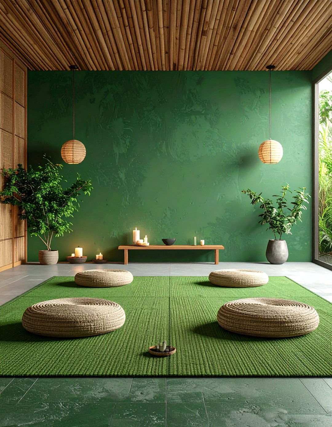 Zen Meditation Room with Olive Green Natural Wall - 25 Olive Green Accent Wall Ideas