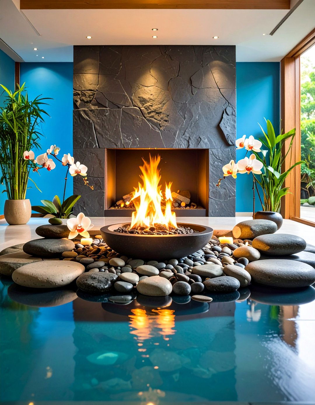 Zen Minimalist Fireplace with Natural Stone and Water Features - 25 Faux Fireplace Ideas
