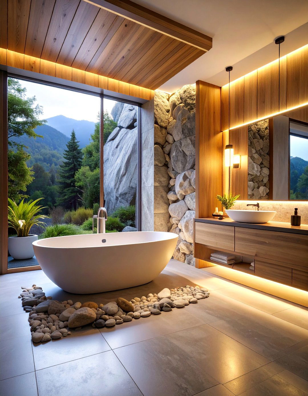 Zen Minimalist with White River Rock Accent Wall - 25 Pebble Tile Bathroom Ideas