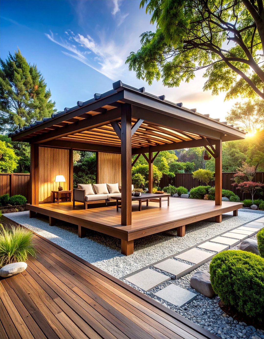 Zen Pergola Style Gable Patio Roof with Slatted Sides - 25 Gable Patio Roof Design Ideas