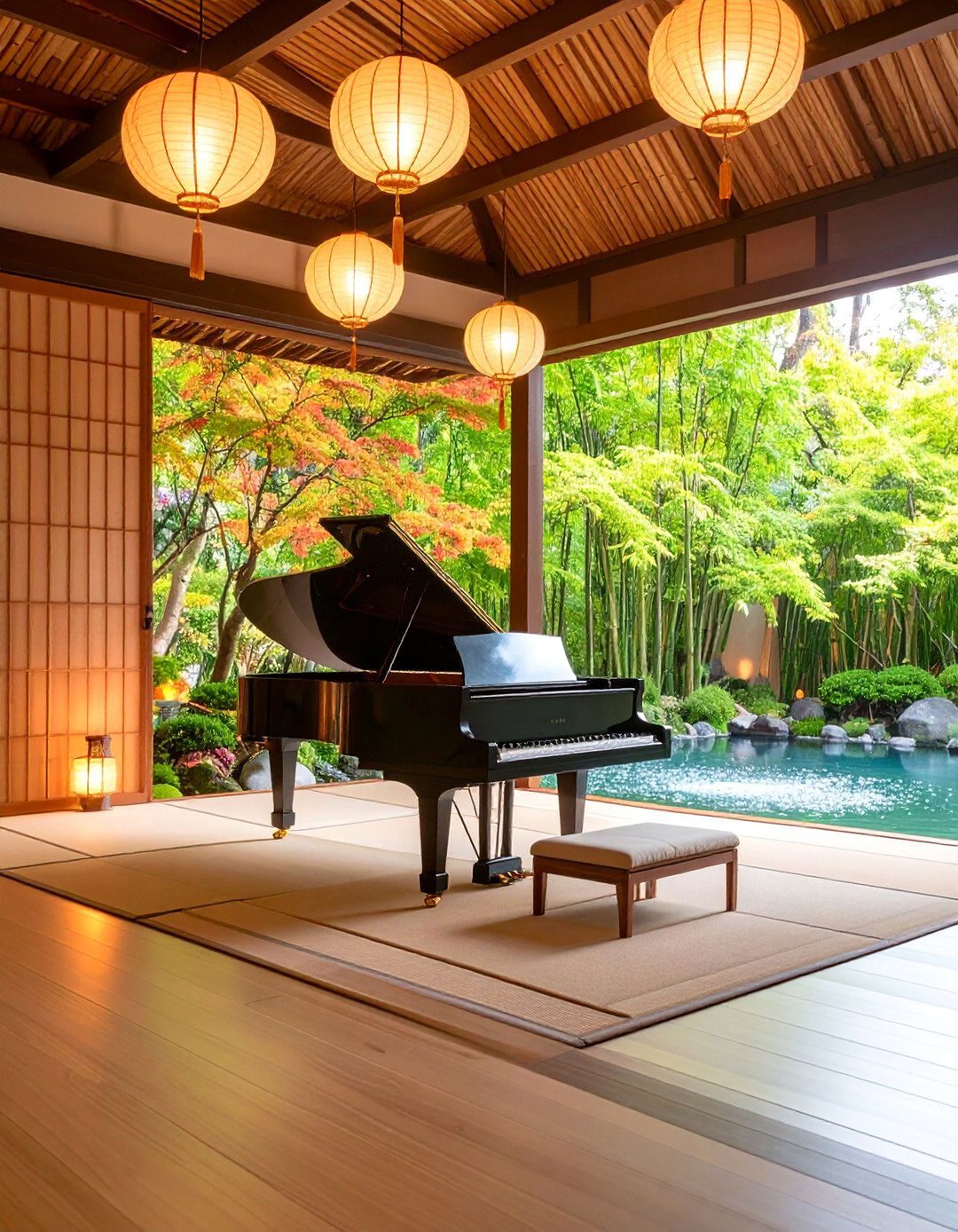 Zen Piano Meditation Room with Japanese Inspired Elements - 25 Piano Room Ideas