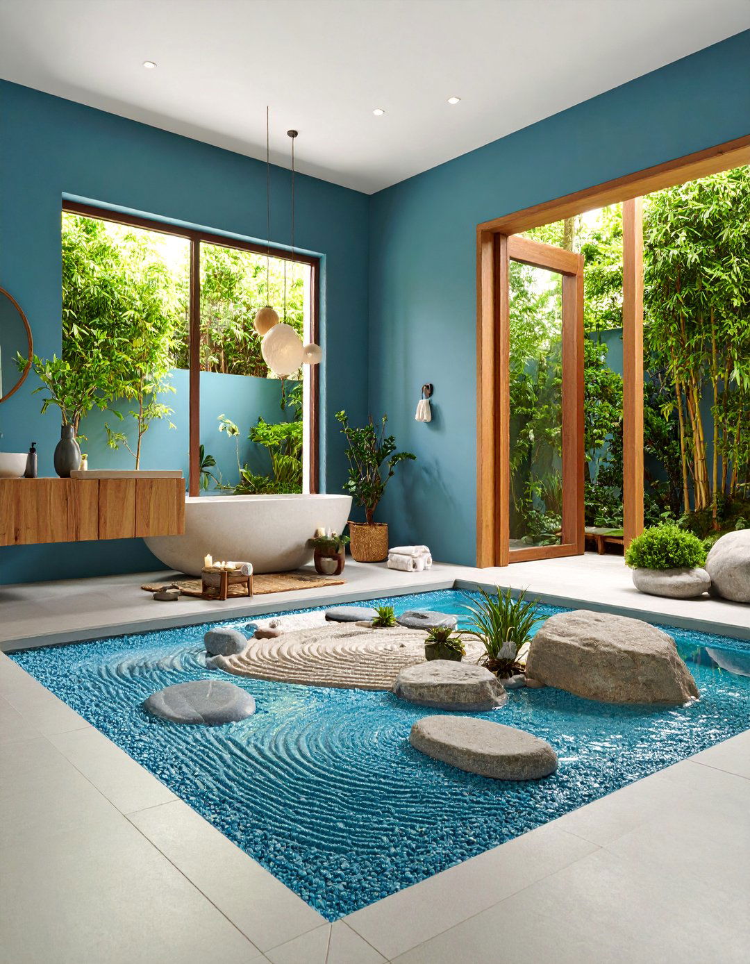 Zen Stone Garden with Flowing Water - 25 Bathroom Mural Ideas